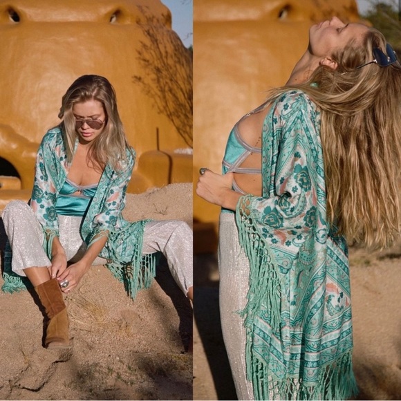 NWOT Arnhem Azalea Kimono Turquoise/White - Picture 6 of 11